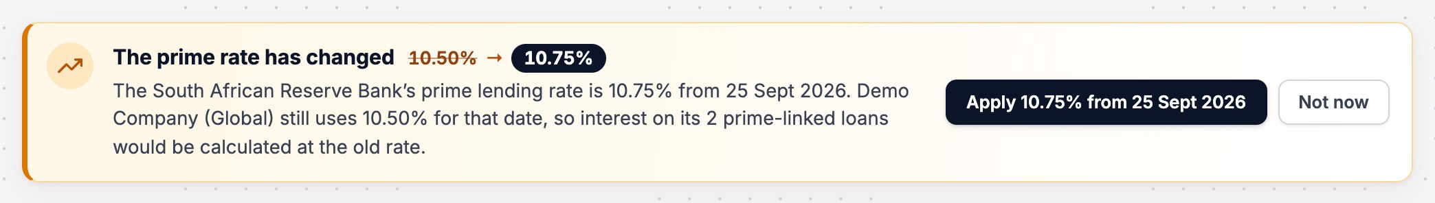 The notice Loanbooq shows when prime changes: the rate moved from 10.50% to 10.75% from 25 September 2026, with a button to apply it